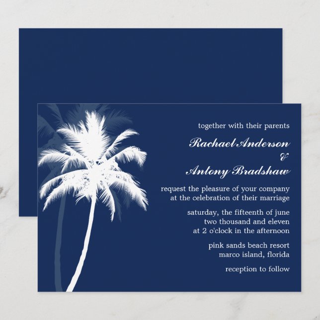 Invitation Mariage Tropical Breeze Blue Palm Trees (Devant / Derrière)