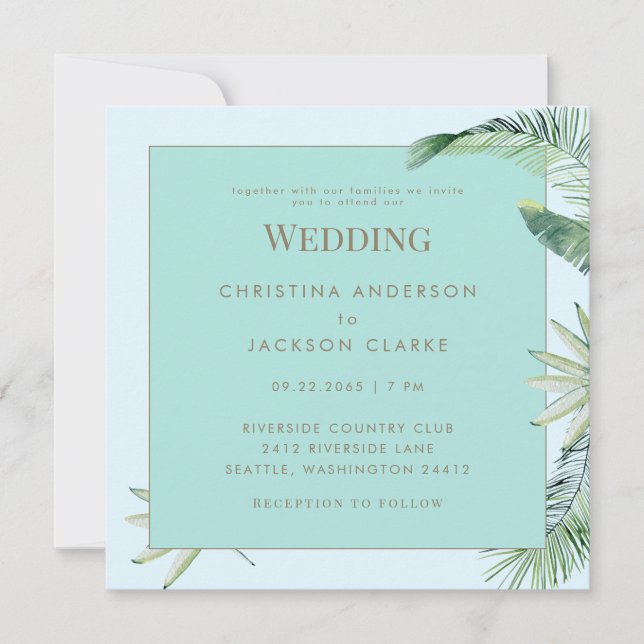 Invitation Mariage Tropical Carré Bleu Glacé & Turquoise (Devant)