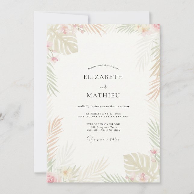 Invitation Mariage Tropical Champagne Palmier Eucalyptus (Devant)
