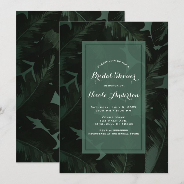 Invitation Mariage tropical chic vert et noir Green & Black C (Devant / Derrière)
