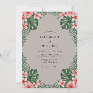 Invitation Mariage Tropical Corail Monstera Eucalyptus
