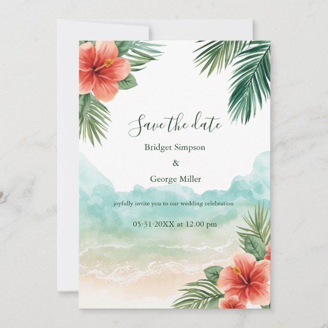 Invitation Mariage tropical côtier à Hawaï avec hibiscus de p (Devant)