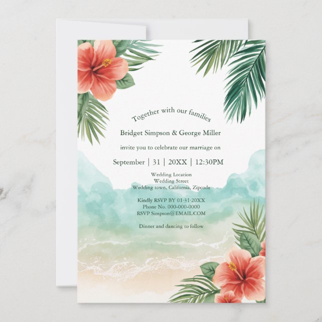 Invitation Mariage tropical côtier à Hawaï avec hibiscus de p (Devant)