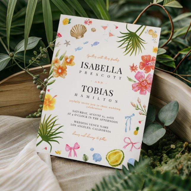 Invitation Mariage tropical côtier fleurs dessinées à la main (Créateur téléchargé)
