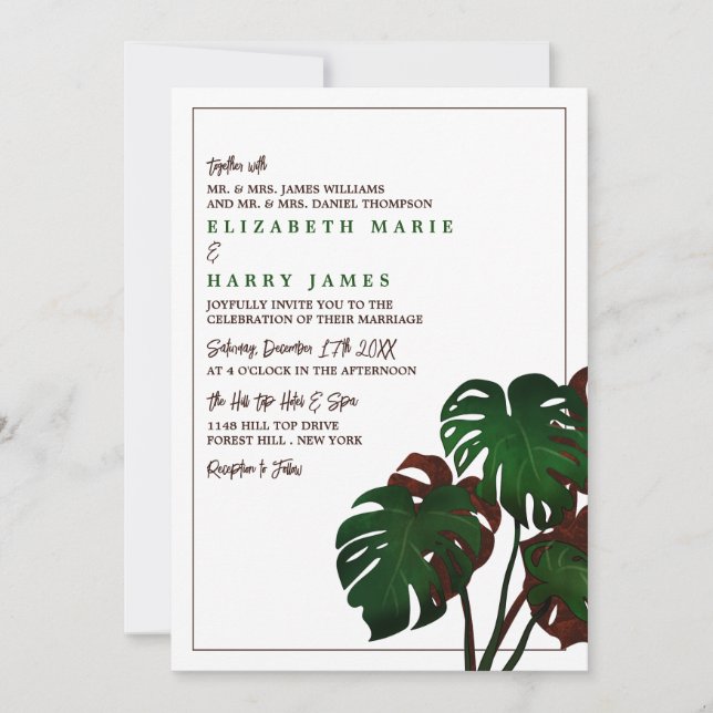 Invitation Mariage tropical de la plage de Monstera (Devant)