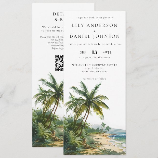 Invitation Mariage tropical de plage à code QR aquarelle (Devant / Derrière)