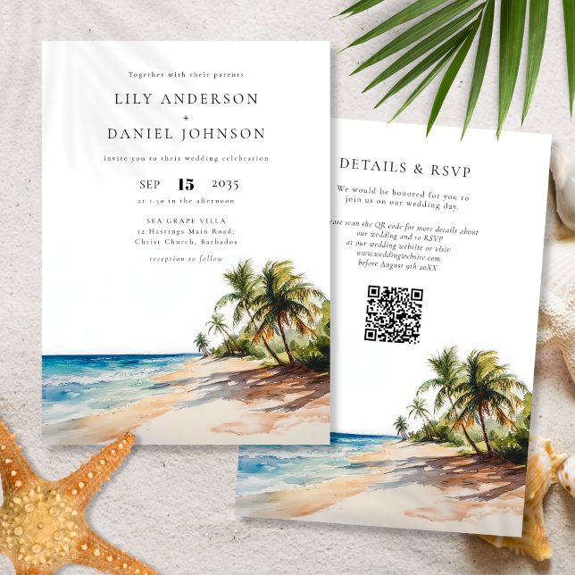 Invitation Mariage tropical de plage à code QR aquarelle (Watercolor Tropical Beach QR Code Wedding Invitation)