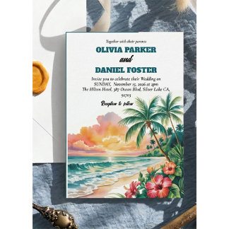 Invitation Mariage Tropical de Plage Aquarelle Coucher de Sol