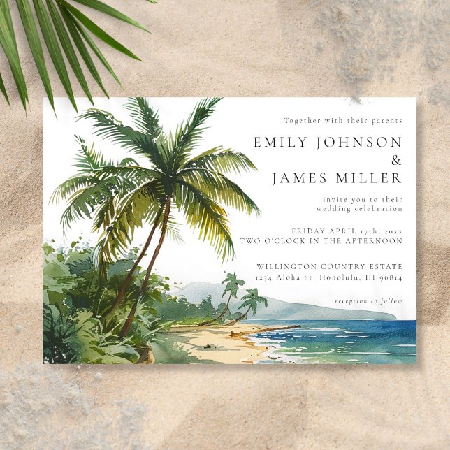 Invitation Mariage tropical de plage aux palmiers à l'aquarel (Watercolor Palm Trees Tropical Beach Wedding Invitation)