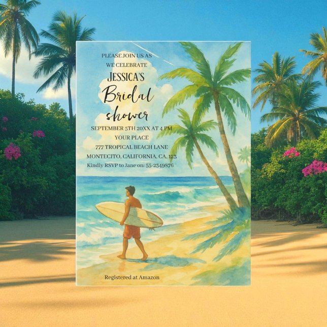 Invitation Mariage Tropical de plage avec palmiers et surf (Créateur téléchargé)