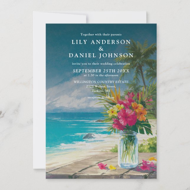 Invitation Mariage tropical de plage océan floral Mason Jar (Devant)