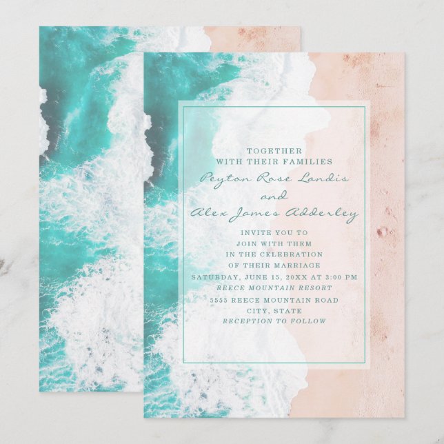 Invitation Mariage Tropical de plage océanique sarcelle blanc (Devant / Derrière)