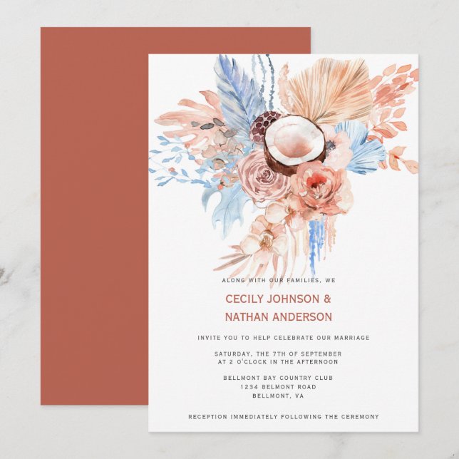 Invitation Mariage Tropical de Plage Terracotta & Bleu Pâle | (Devant / Derrière)