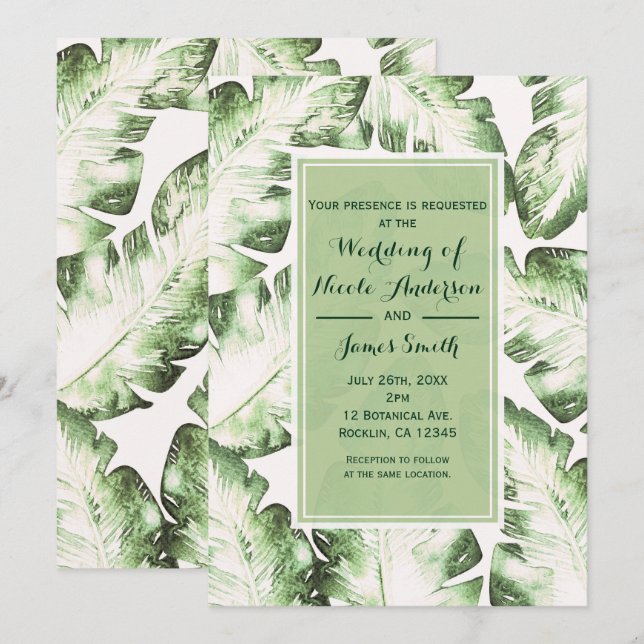 Invitation Mariage Tropical de Plage Vert Blanc Élégant (Devant / Derrière)