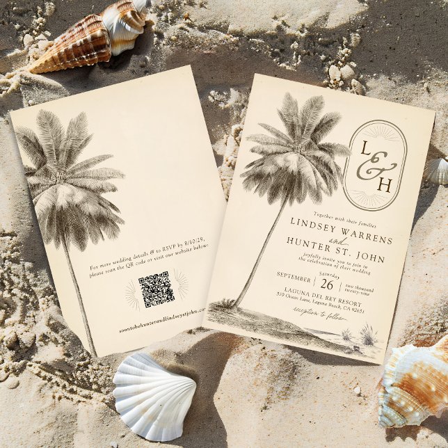 Invitation Mariage Tropical de Plage Vintage avec Palmier (Vintage palm tree tropical beach theme elegant coastal monogram qr code rsvp wedding invitation)