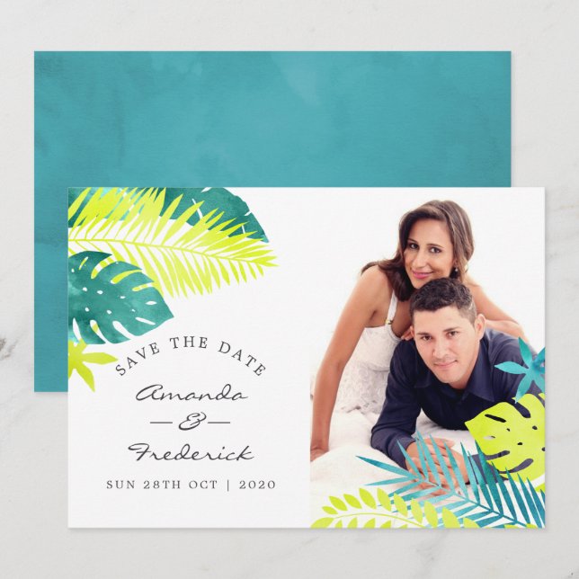 Invitation Mariage Tropical de Teal et Citron Enregistrez la  (Devant / Derrière)