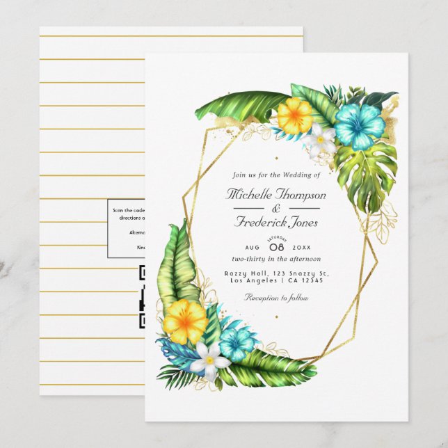 Invitation Mariage tropical d'été Aloha géométrique avec code (Devant / Derrière)
