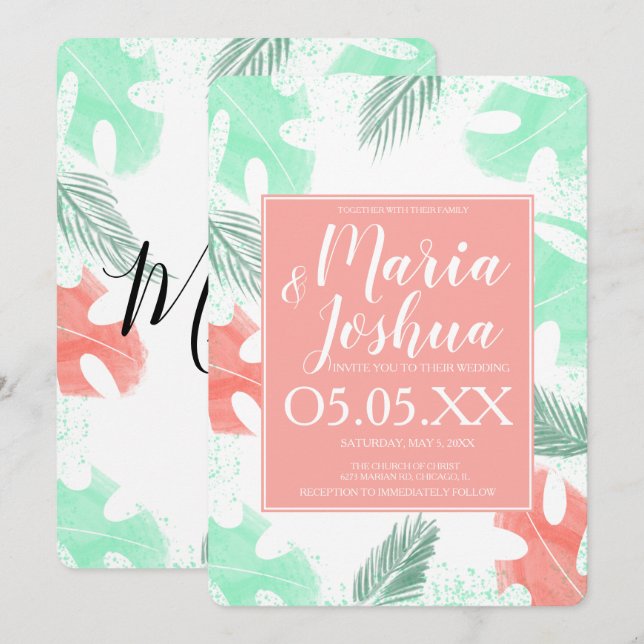 Invitation Mariage tropical d'été de plage Monstera (Devant / Derrière)