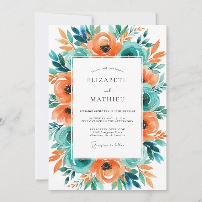Invitation Mariage Tropical Distinctif Orange Turquoise (Devant)