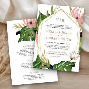 Invitation Mariage Tropical Doré Rose Floral Tout en Un