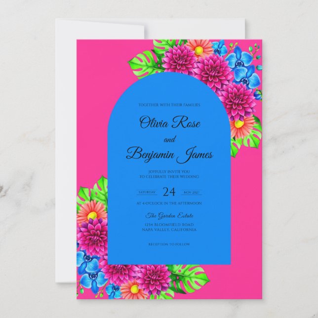 Invitation Mariage Tropical Électrique Eucalyptus Magenta (Devant)