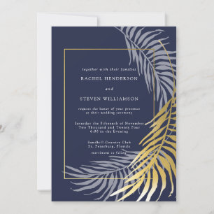Invitation Mariage Tropical Élégant Bleu Foncé et Blanc
