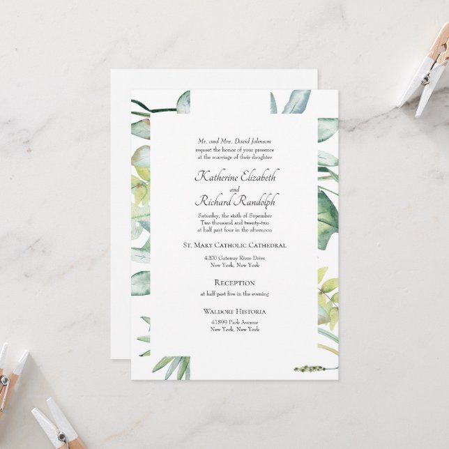 Invitation Mariage Tropical Élégant et Verdoyant (Devant/Arrière en situation)