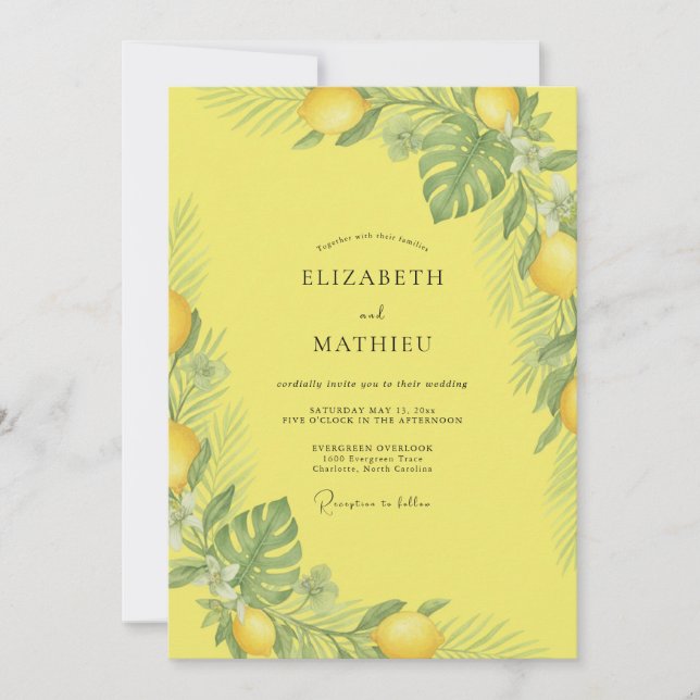 Invitation Mariage Tropical Eucalyptus Citron Ensoleillé (Devant)