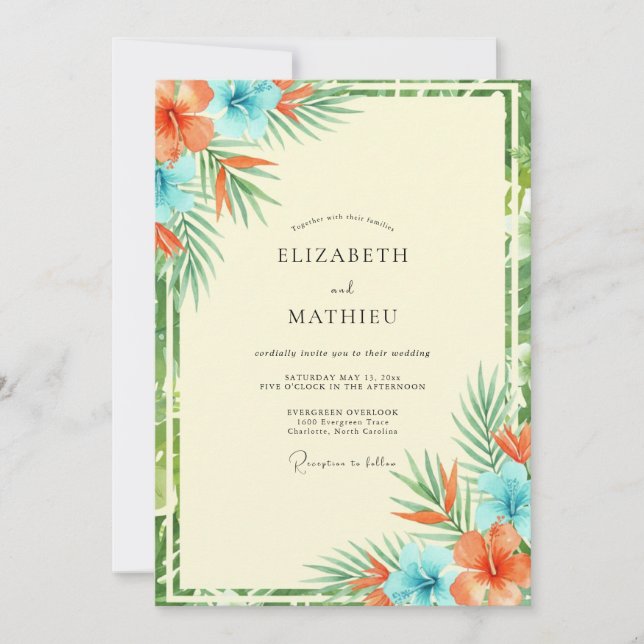 Invitation Mariage Tropical Eucalyptus Corail Cyan (Devant)