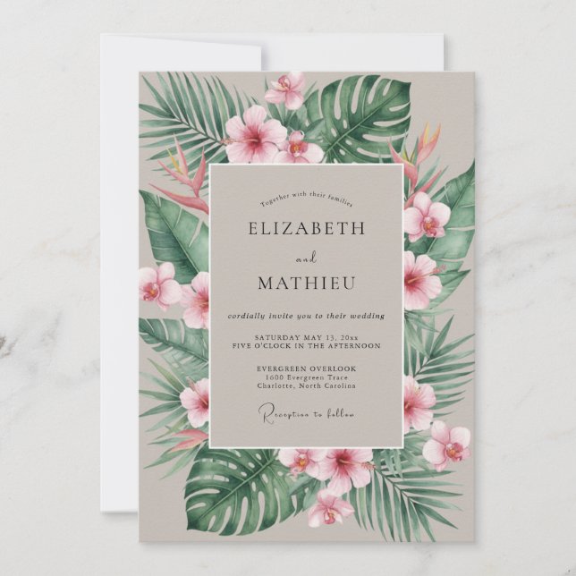 Invitation Mariage Tropical Eucalyptus Hibiscus Corail (Devant)