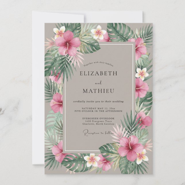 Invitation Mariage Tropical Eucalyptus Hibiscus Taupe (Devant)
