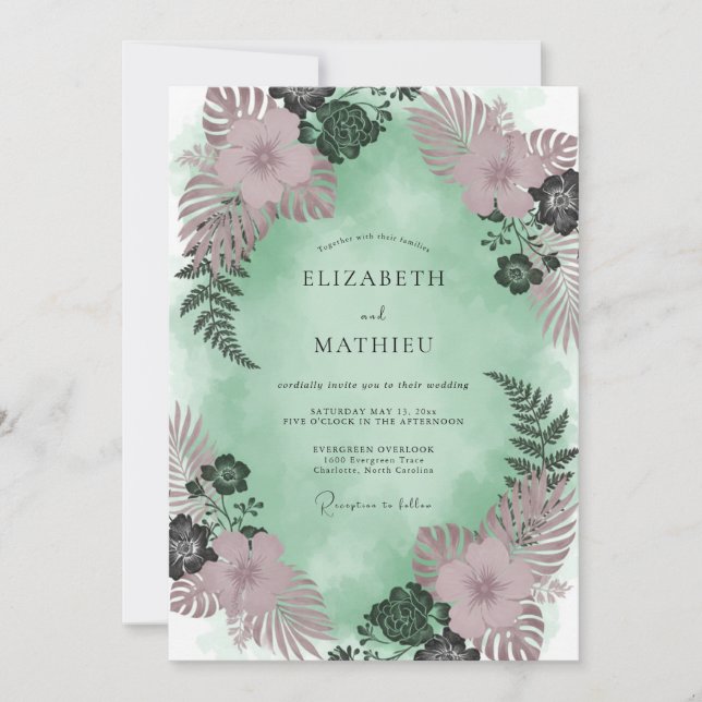 Invitation Mariage Tropical Eucalyptus Mauve Mousse de Mer (Devant)