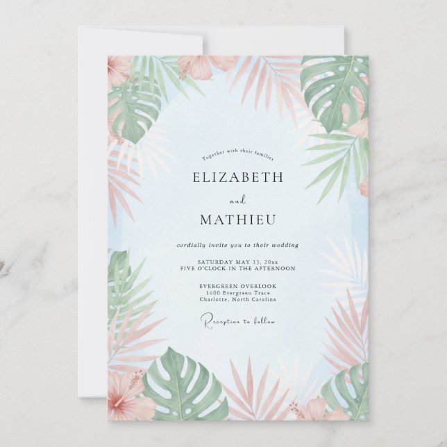 Invitation Mariage Tropical Eucalyptus Menthe Pêche (Devant)