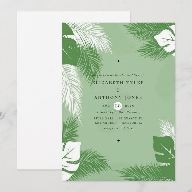 Invitation Mariage Tropical Exotique aux Feuilles Vertes et B (Devant / Derrière)