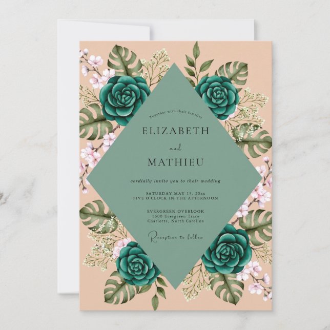 Invitation Mariage Tropical Feuillage Eucalyptus Pêche (Devant)
