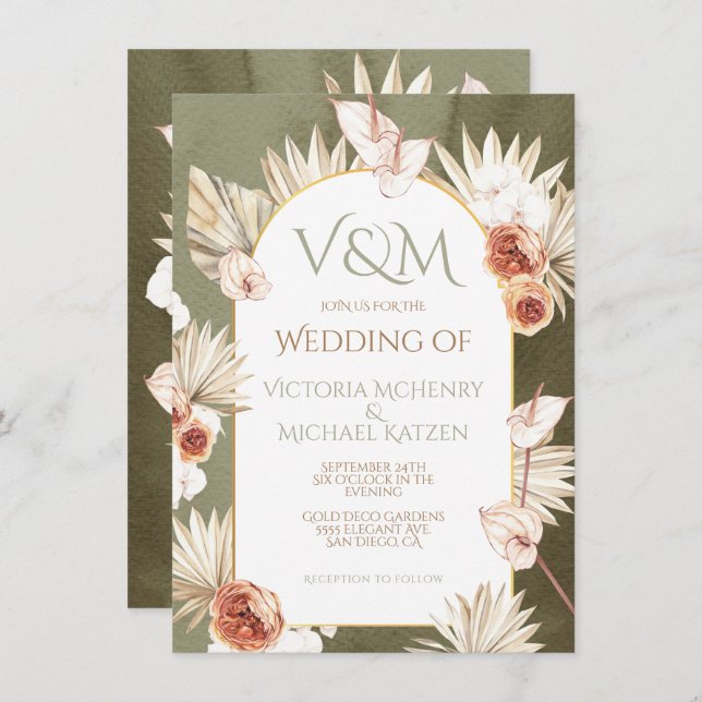 Invitation Mariage Tropical Feuille en Terracotta & Khaki Pal (Devant / Derrière)