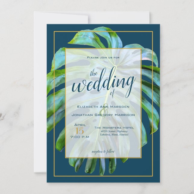 Invitation Mariage Tropical Feuille Monstera bleu foncé or (Devant)