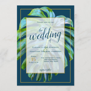 Invitation Mariage Tropical Feuille Monstera bleu foncé or