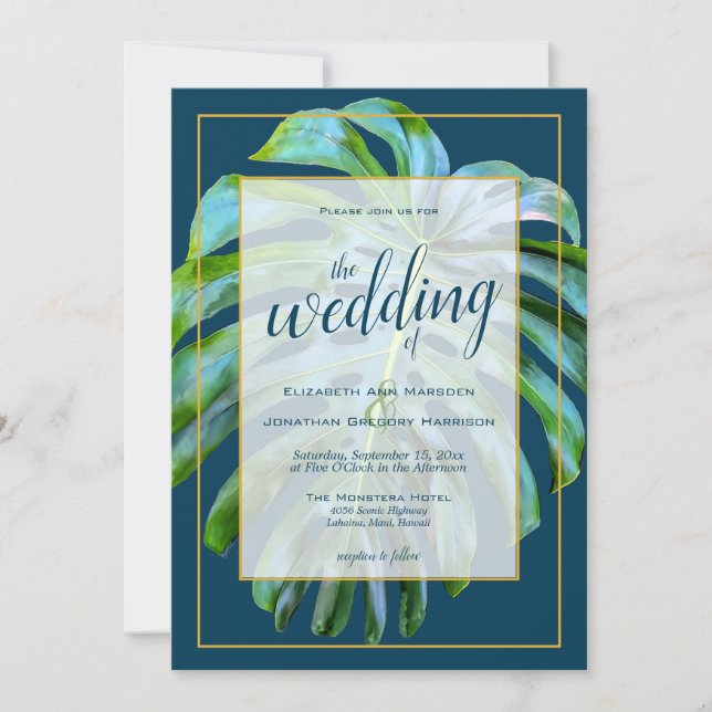 Invitation Mariage Tropical Feuille Monstera bleu foncé or (Devant)
