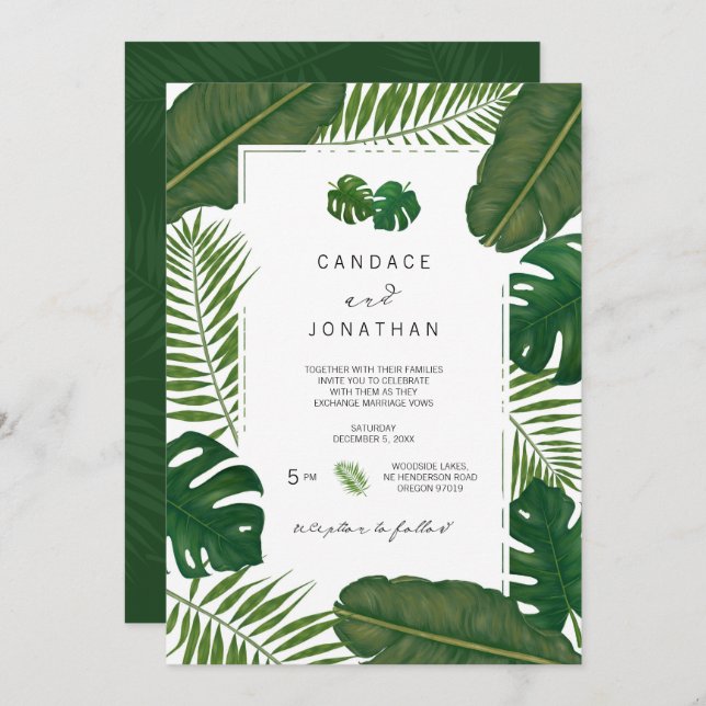 Invitation Mariage tropical Feuille peint (Devant / Derrière)
