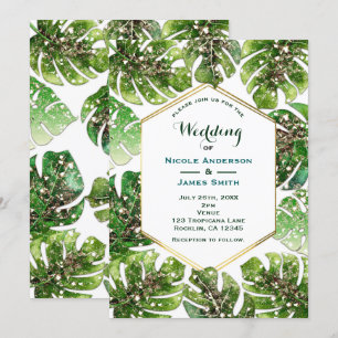 Invitation Mariage Tropical Feuilles Pailleté Étincelant Luxe