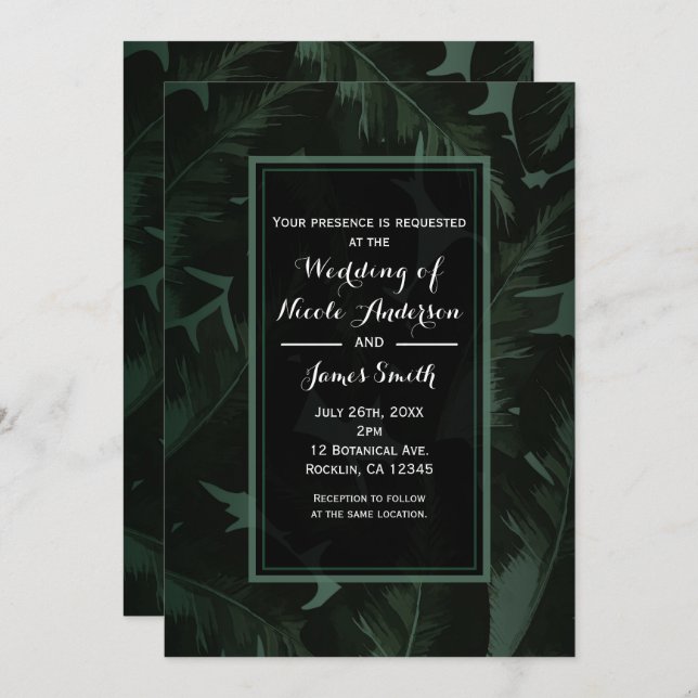 Invitation Mariage Tropical Feuilles Vert & Noir Chic (Devant / Derrière)