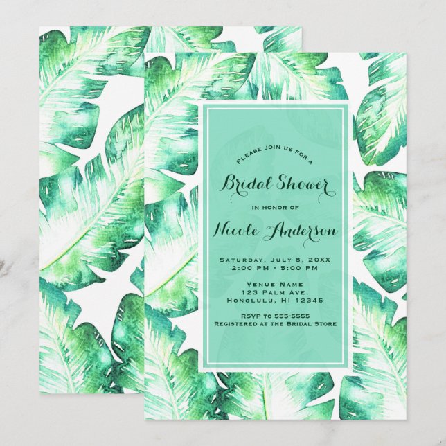 Invitation Mariage Tropical Feuilles Vertes et Blanches au Bo (Devant / Derrière)