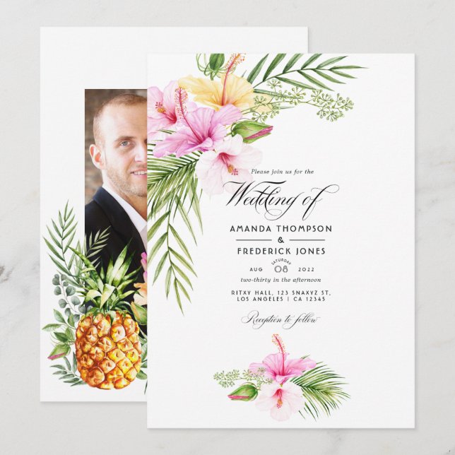 Invitation Mariage Tropical Floral Aloha Photo (Devant / Derrière)