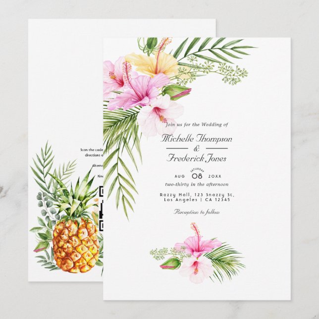 Invitation Mariage Tropical Floral Aloha QR Code RSVP (Devant / Derrière)