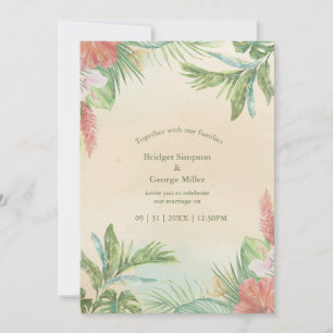 Invitation Mariage tropical floral aquarelle beige Hawaï