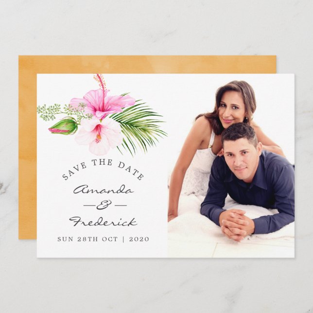 Invitation Mariage Tropical Floral de Plage - Enregistrez la  (Devant / Derrière)