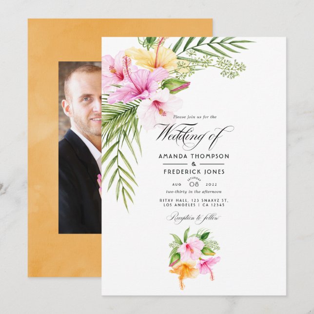 Invitation Mariage tropical floral de plage Photo (Devant / Derrière)