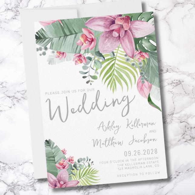 Invitation Mariage Tropical Floral Élégant (Chic Elegant Palm Leaves Tropical Floral Wedding Invitation)