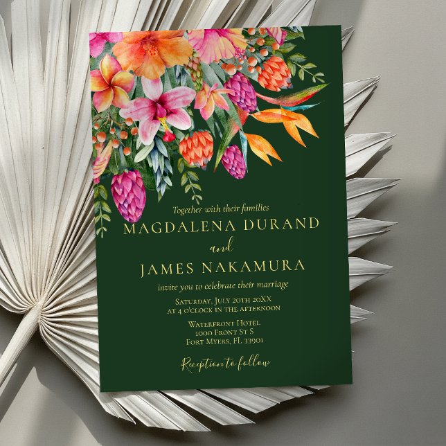 Invitation Mariage Tropical Floral Rose Orange Vert Coloré (Créateur téléchargé)